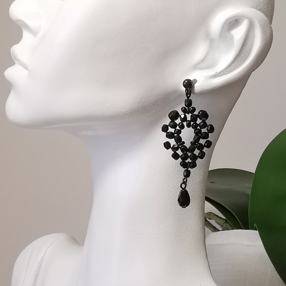 Beaded Czech Chandelier Drop Earrings In Jet Black Crystals 25$